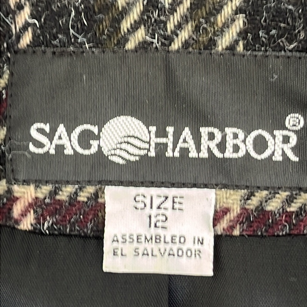 Sag Harbor Vintage Blazer Gray Beige Maroon Plaid Sz. 12 Faux Pockets Wool Blend - Picture 5 of 9